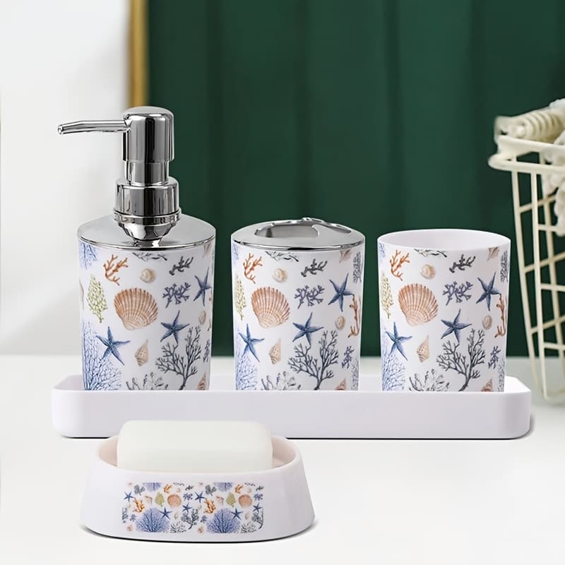 TEMU Bathroom Accessories Set, Bath Ensemble Includes Soap Dispenser, Toothbrush Holder, Toothbrush Cup, Soap Dish, Cotton Swab Case For Decorative Countertop And Housewarming Gift