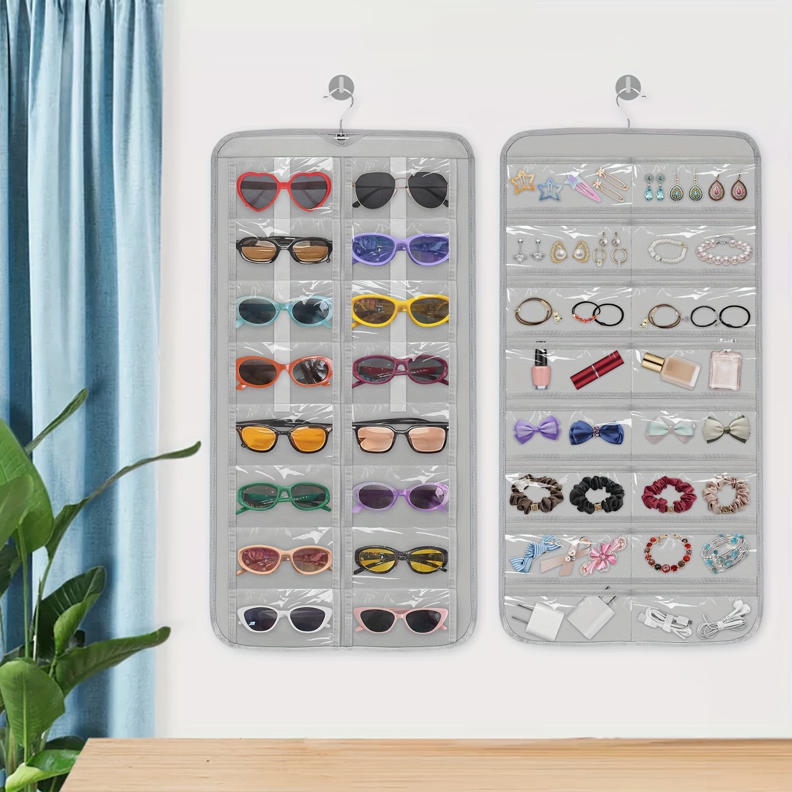 TEMU Hanging Glasses Storage Bag With 32 Clear Grids, Double-sided Glasses Organizer With Hook, Space-saving Foldable Fashion Glasses Holder For Household Use