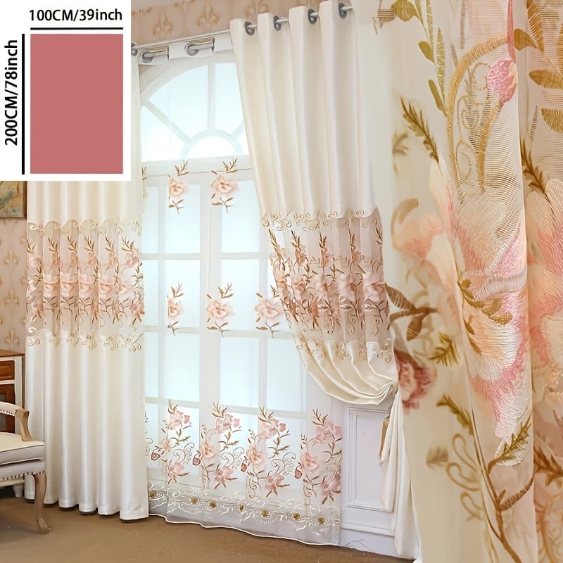TEMU 1pc Elegant European Floral Embroidered Curtain - Light-filtering, Cordless & Eyelet Design, Polyester, Perfect For Bedroom & Living Room Decor, Curtains For Living Room