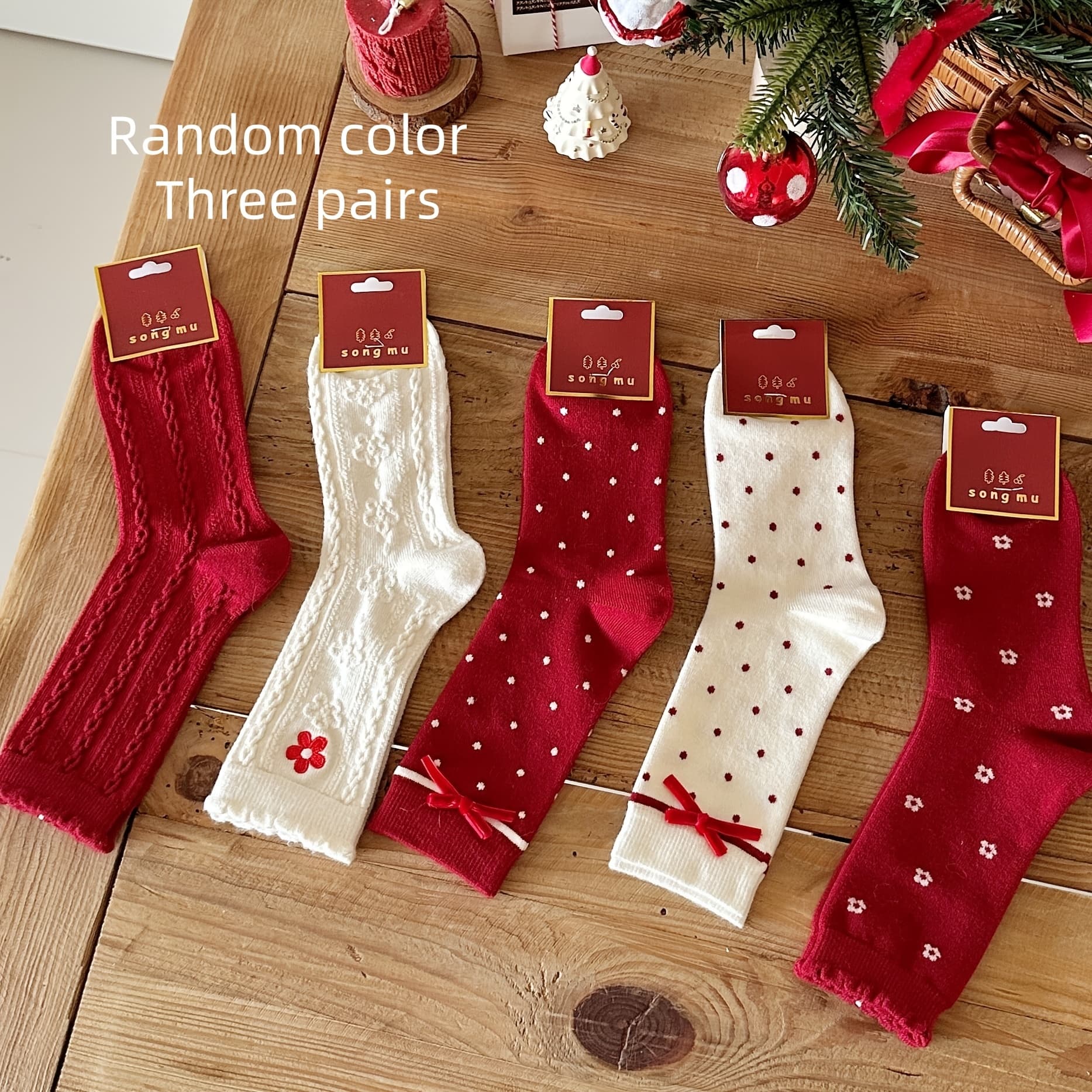 TEMU 3 Pairs Ladies Holiday Bow Socks | Festive Dot With Three-dimensional Bow, Random Mixed Match | Winter All-match Pile Socks, Suitable For Christmas, New Year Valentine's Day Wear And Gift