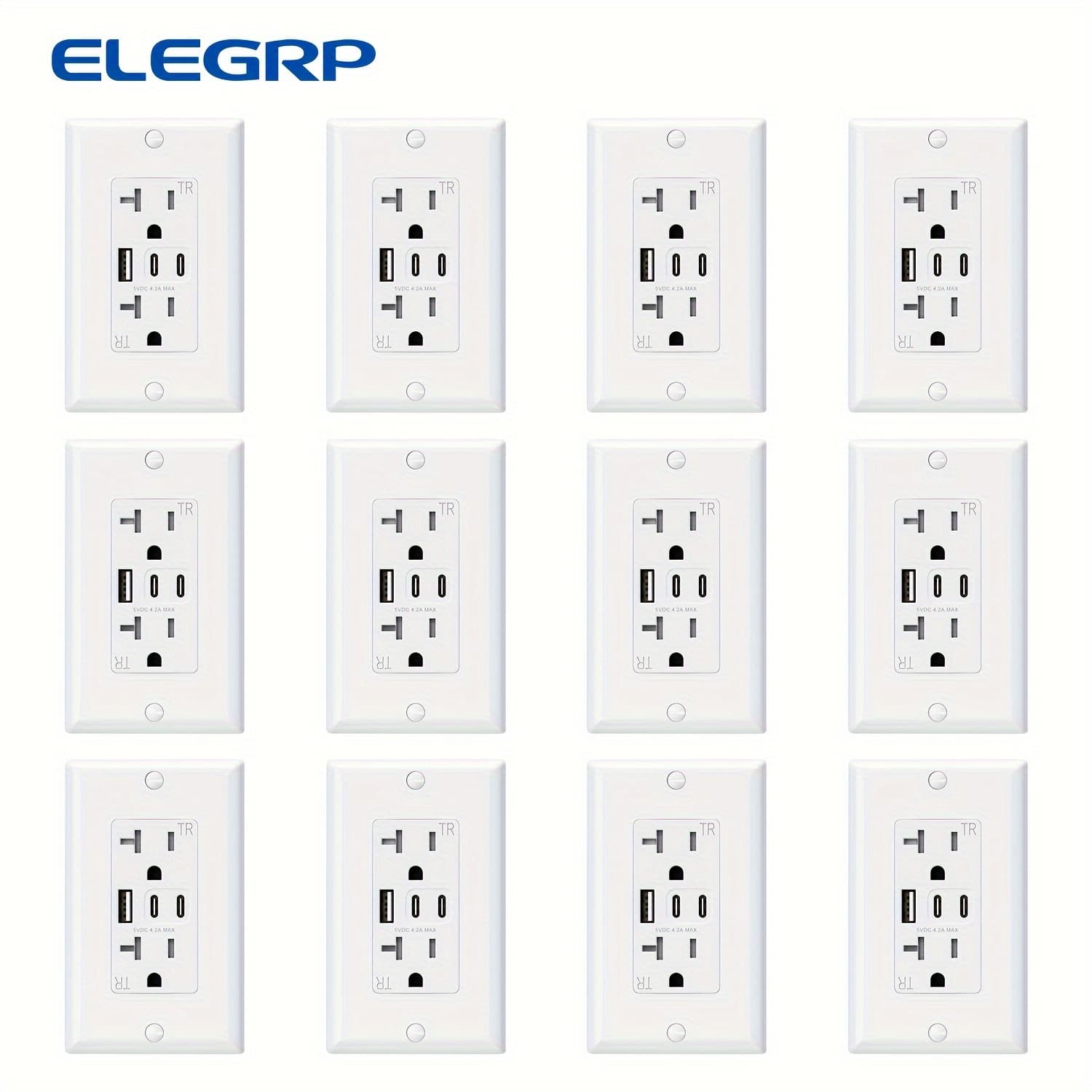 TEMU 12pcs Set Of Elegrp, White Usb Socket With 3 Usb Ports And 20a Wall Plug, Dual Usb C Port Socket, Tr Tamper-proof Usb Socket Including Wall Plate