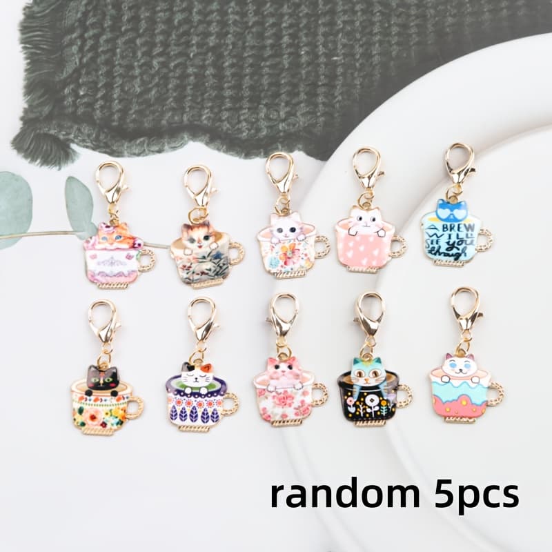 TEMU 5pcs Set Of Random Styles Cute Animal Cat-themed Keychains, Teacup Cute Teacup Cat Pendant, Suitable As Daily Gifts For Family And Parties, Thank-you Gifts, Friendship Gift Small Charms