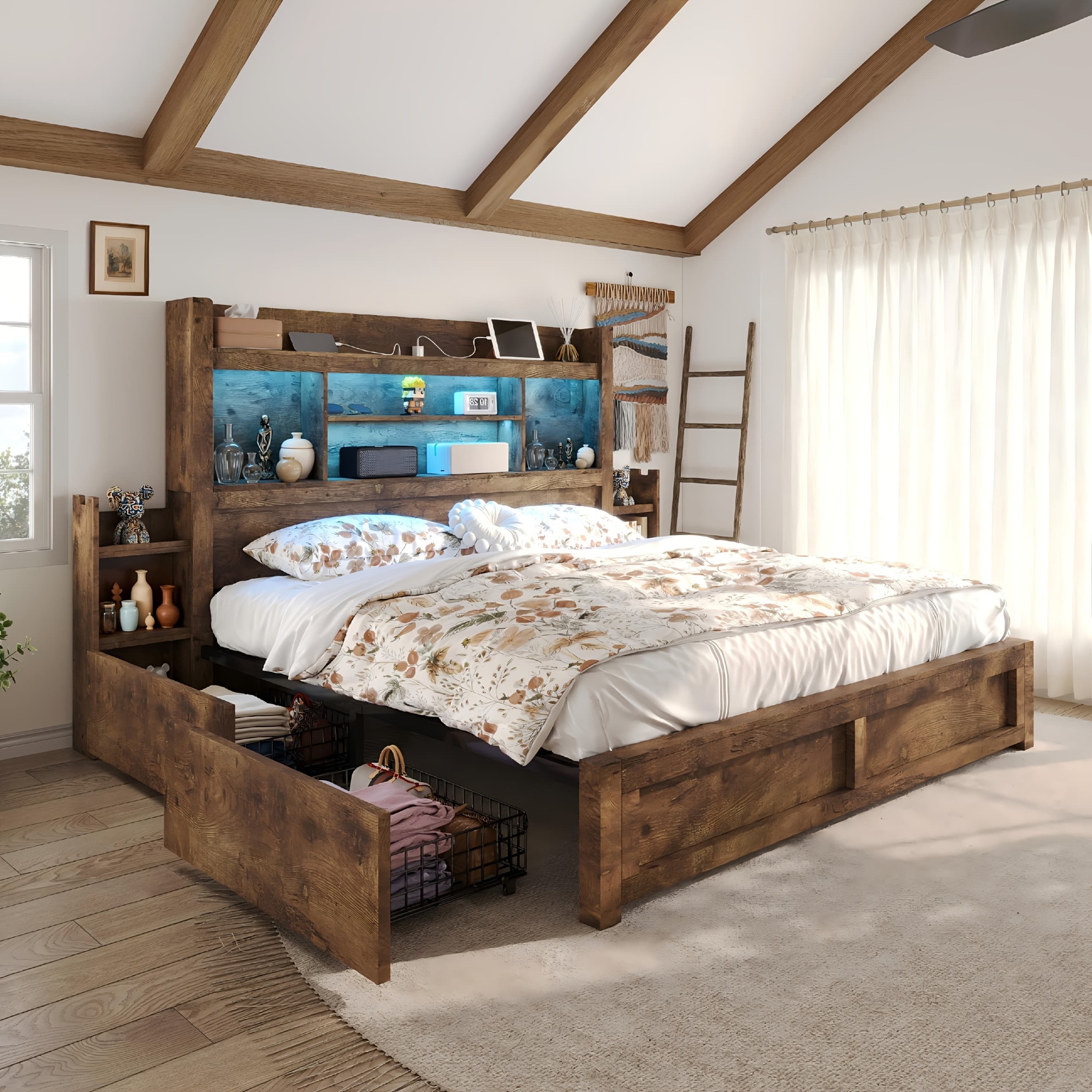 TEMU Farmhouse Wooden Bed Frame With 4 Storage Drawers, Led Bed Frame With 49" Tall Bookcase Headboard, Wood Platform Bed With Charging Station And 2 Slide Bedside Shelves