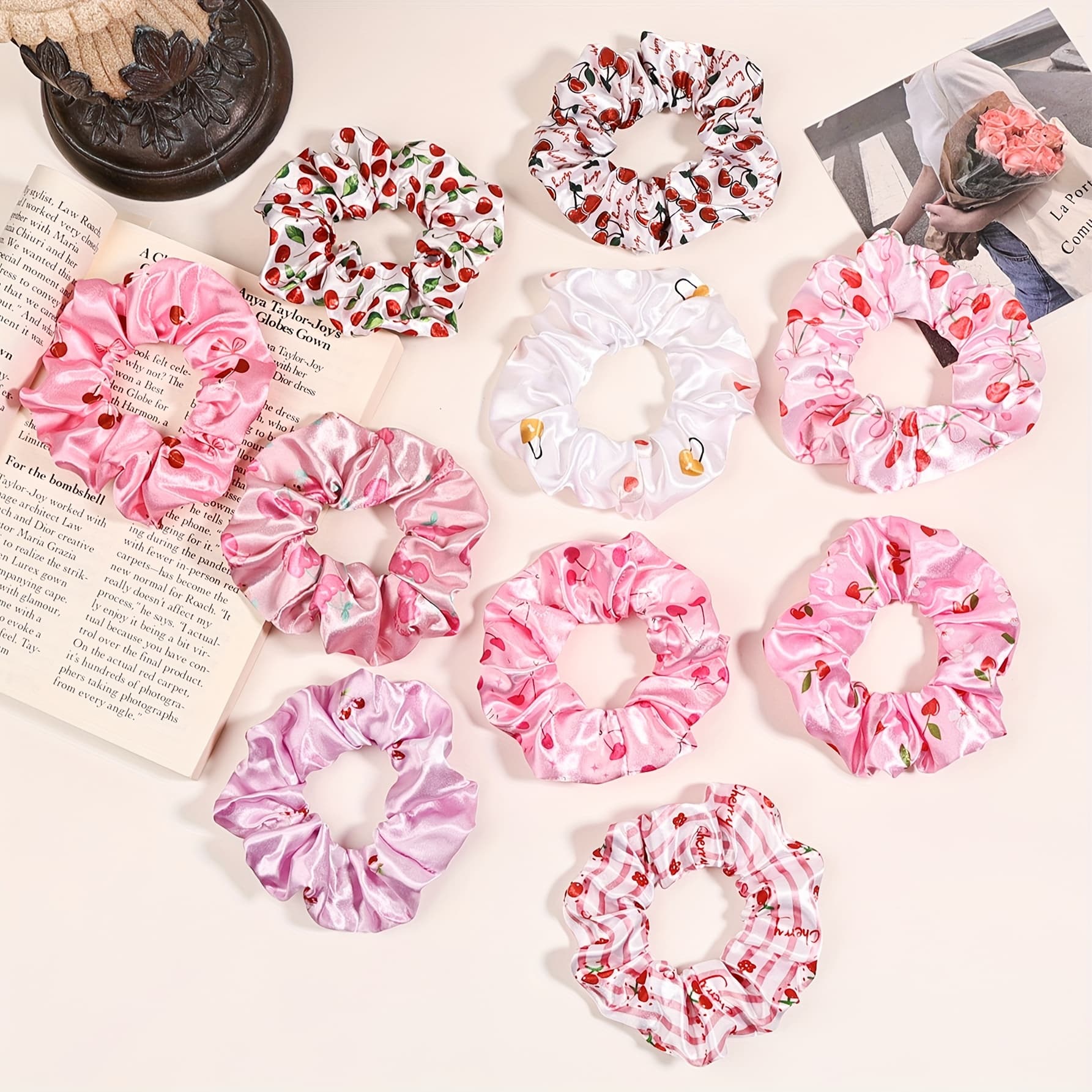TEMU 10pcs Satin Cherry Hair Ties, Small, Clear, And Versatile Hair Accessories For Girlfriend