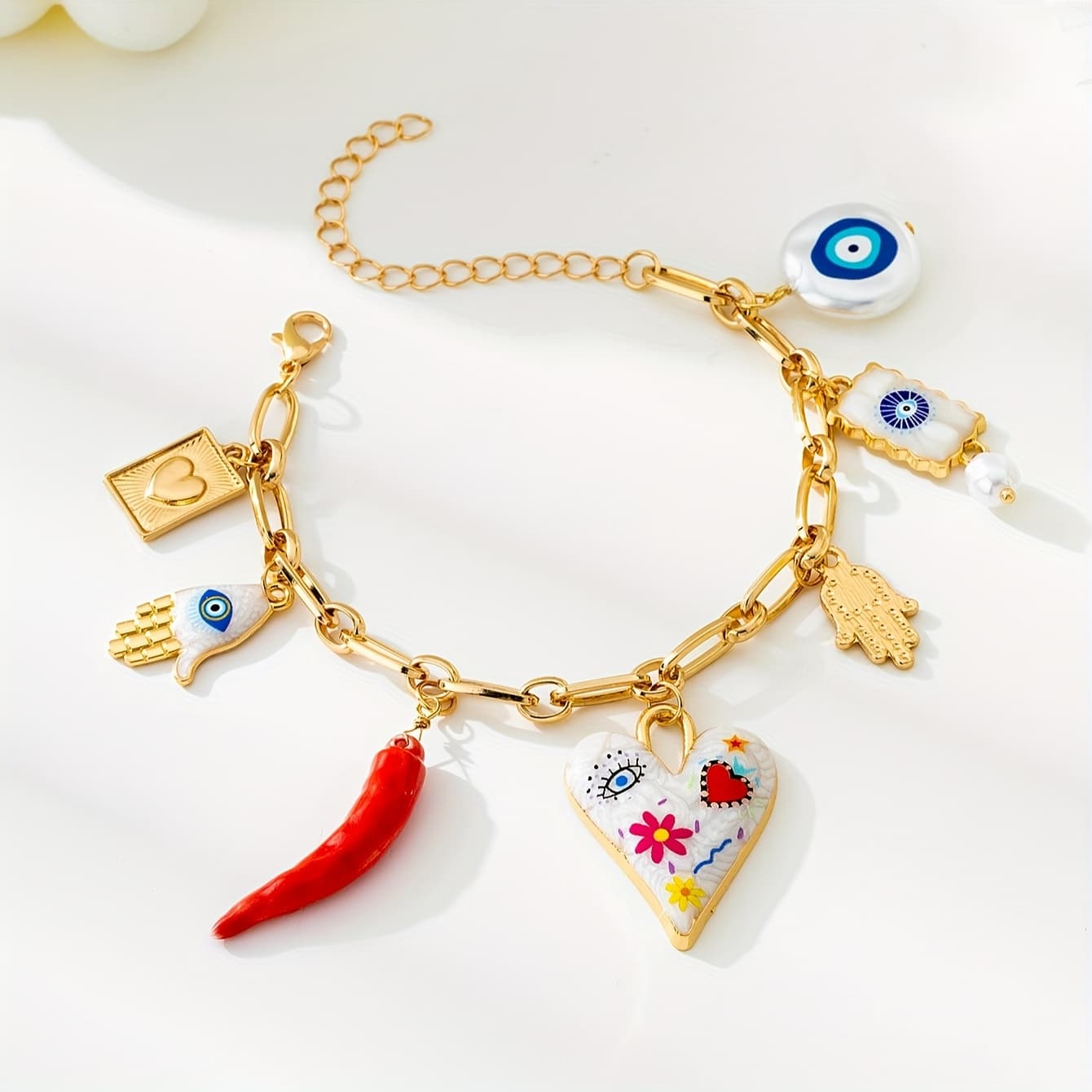 TEMU Elegant Alloy Heart Chili Pendant Bracelet For Women, Kc Golden Plated, Cute Design, Suitable For Everyday Wear, Party, And Gift , All , 1pc