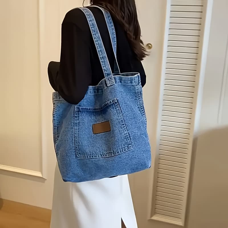 TEMU 2pcs Set: Bag+metal Pendant, Large Blue Handbag, Casual Shoulder Handbag, Spacious Interior, Durable Material, Machine Washable, Fashionable Daily Use Bag, Durable