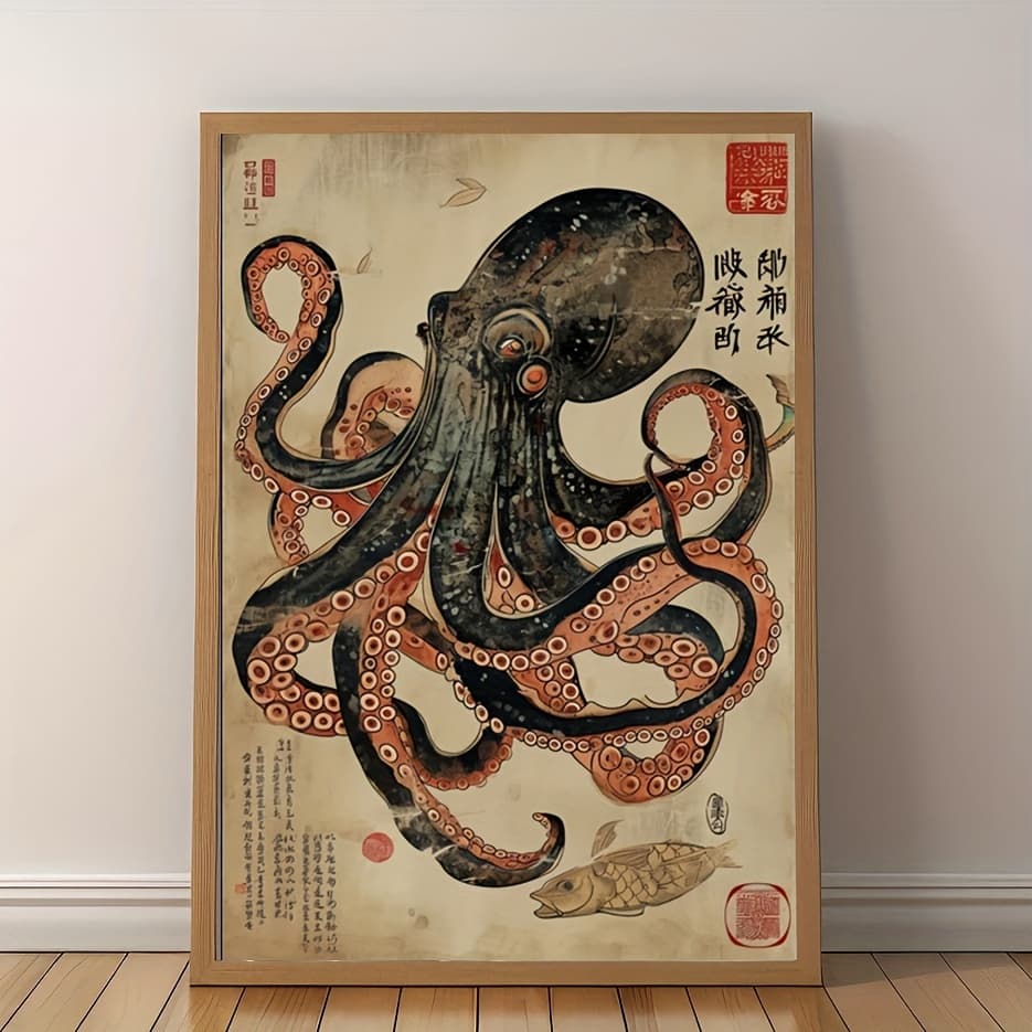 TEMU 2d Flat, 2d Flat Japanese Poster, Traditional -e Style Wall Art, Vintage Sea Creature Canvas Print Wall Decor, 12x16 Inches Frameless Poster For Home And Room Decoration, 2d Flat