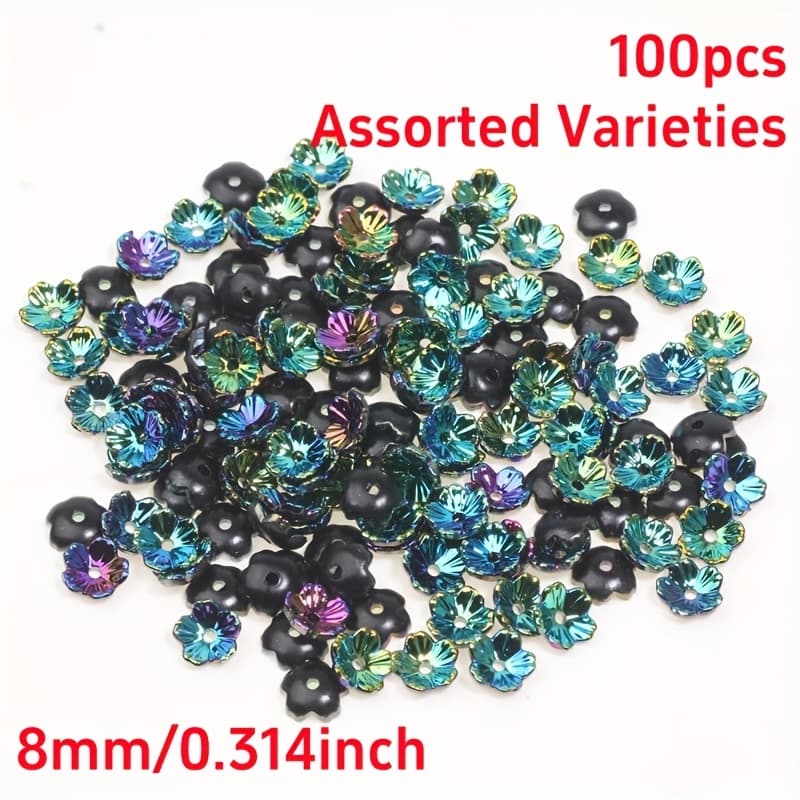 TEMU 100 Random Black And Colorful Five-petal Flower Tray 8mm Acrylic Fashion Bracelet Necklace Pendant Decorative Beads Gift