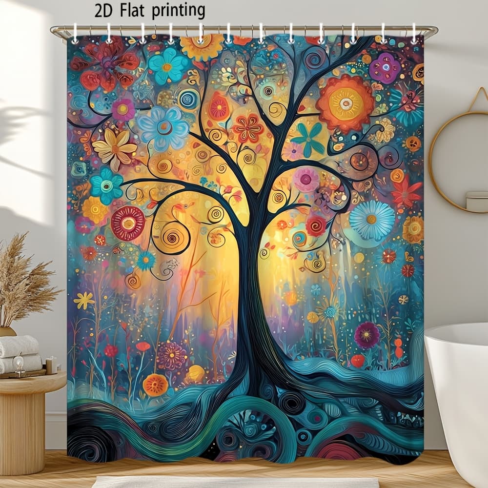 TEMU 2d Flat, 1pc 2d Flat Shower Curtain Colorful Flower Vintage Inspired Bathroom Curtain With 12 Hook 70.8x70.8 Inch For Bathtub Partitioning, 2d Flat