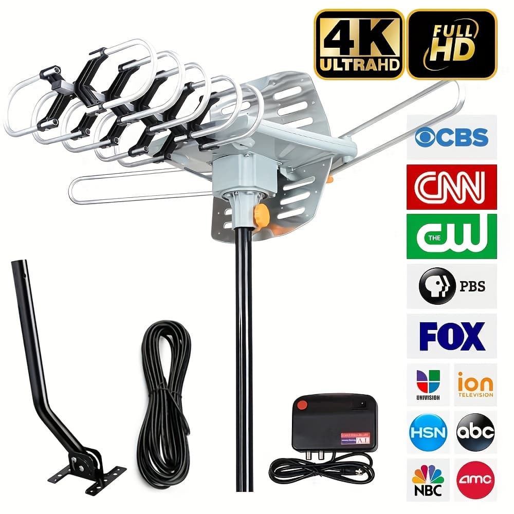 TEMU Outdoor Digital Hdtv Antenna, 150 Mile Motorized 360 Degree Rotation, Wireless Remote Control, 33ft Rg6 Coax Cable, Coaxial Grounding Block, Uhf Vhf 1080p 4k, Support 2tvs With Installation Rod
