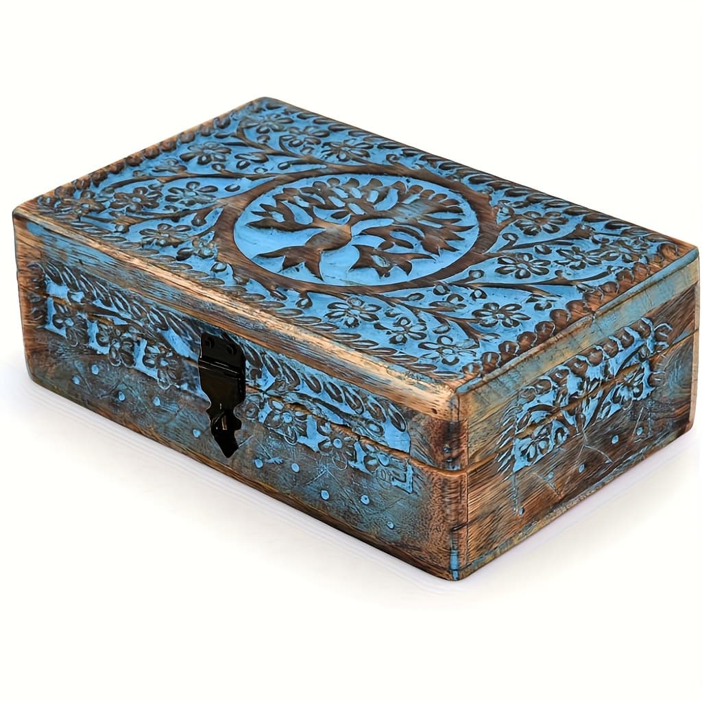 TEMU Of Life Jewelry Box - Hand Carved Decorative Keepsake Box With Lock, Large Trinket Storage For Rings & Necklaces, Rustic Home Decor Gift For & Christmas, Jewelry Boxes