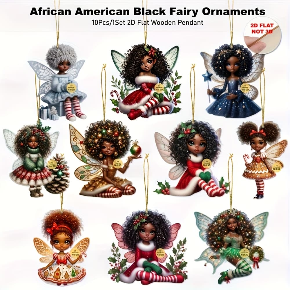 TEMU 2d Flat - Set Of 10 African Christmas Decorations - Hanging Chibi Figures For Festive , Gift Tags, And Room Or Mantel Decor