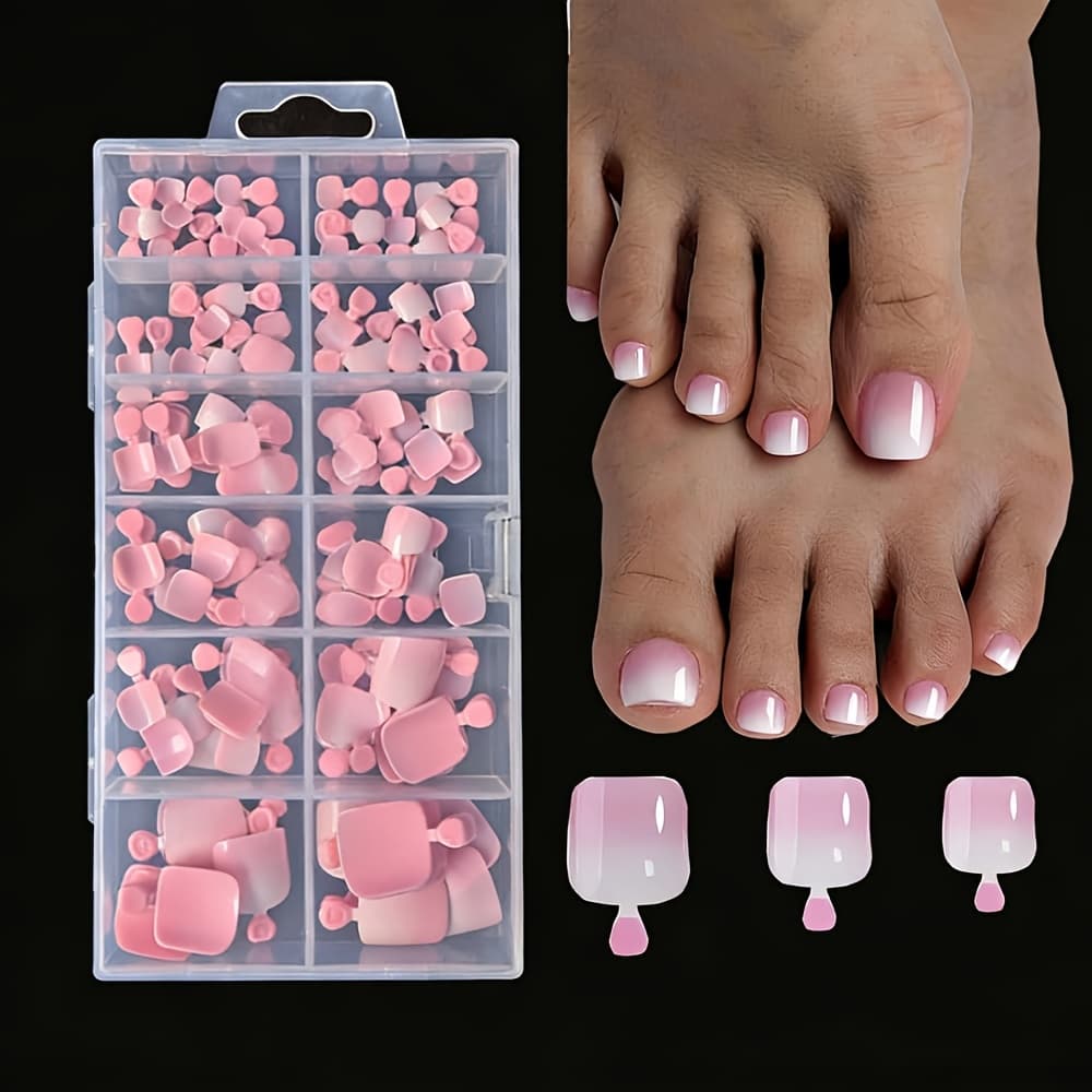 TEMU 120pcs/box French Tip Pink Gradient Toenails, Short Square Pink Gradient Color Nature Fake Toe Nails For Beach & Daily Summer Manicure