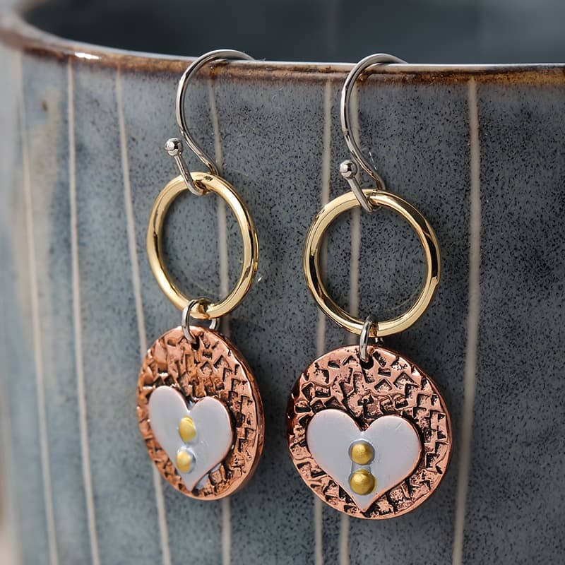 TEMU Mixed With 3-color-mixed Metal Heart Earrings - Circle Heart Dangle Earrings - - Hand Textured Copper Products - Rustic Ladies' Earrings