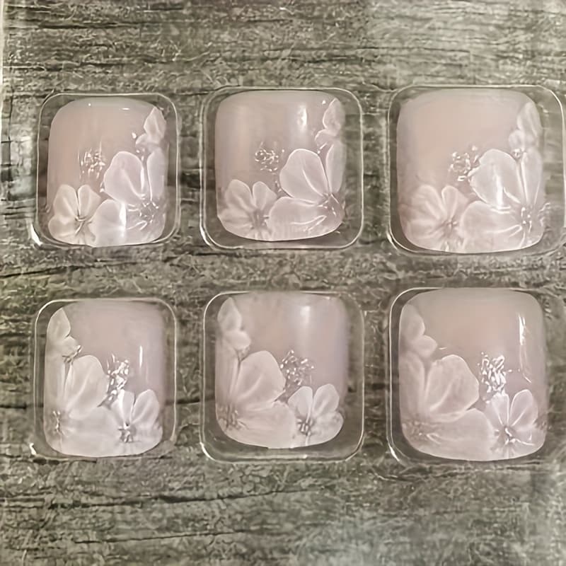 TEMU 24pcs Handmade Floral Glitter Patch Nail - Square Short Reusable Nail Stickers With And Rhinestones, Elegant Design For Feet, Party Wedding Daily Wear