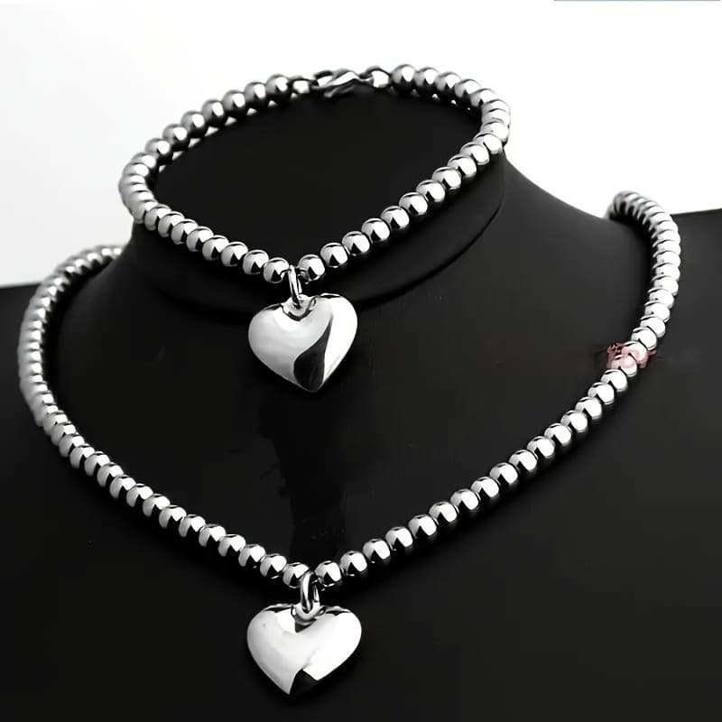TEMU Elegant Stainless -shaped Pendant Necklace And Beaded Bracelet Set For Women - , Ideal For Daily Wear Or Parties, Perfect Valentine's Day Gift, Jewelry Set