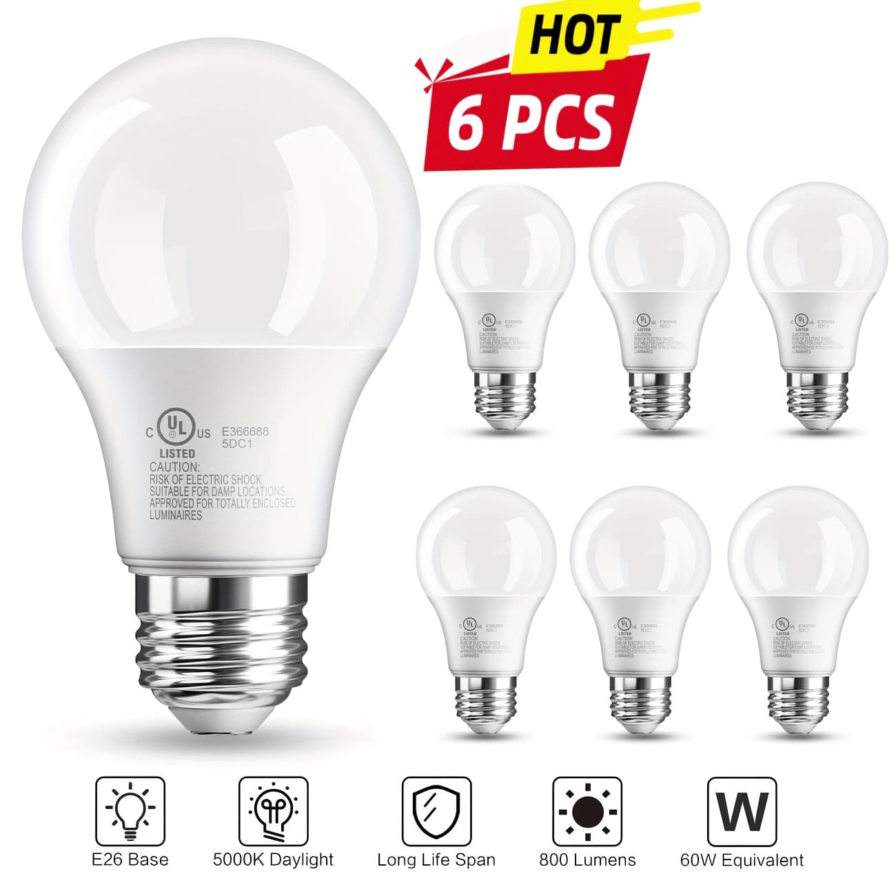 TEMU 6 Pack A19 Led Bulbs Daylight Led Bulbs 5000k, 60w Watt, High Efficiency 8.5w, 800 , E26 Medium Base, Non-dimmable, Etl/ Ul