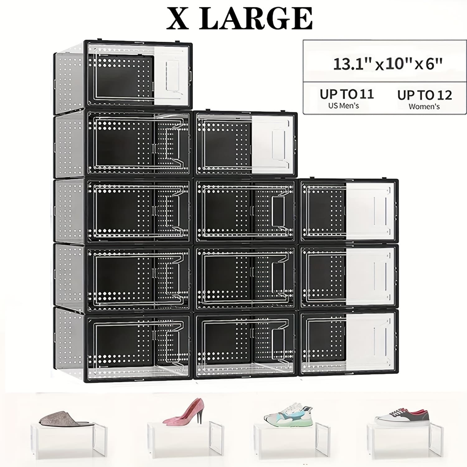 TEMU 12 Pack Shoe Organizer Storage Boxes For Closet, Saving Shoe Boxes Clear Plastic Stackable Sneaker Containers Display Case With Lids, Black02
