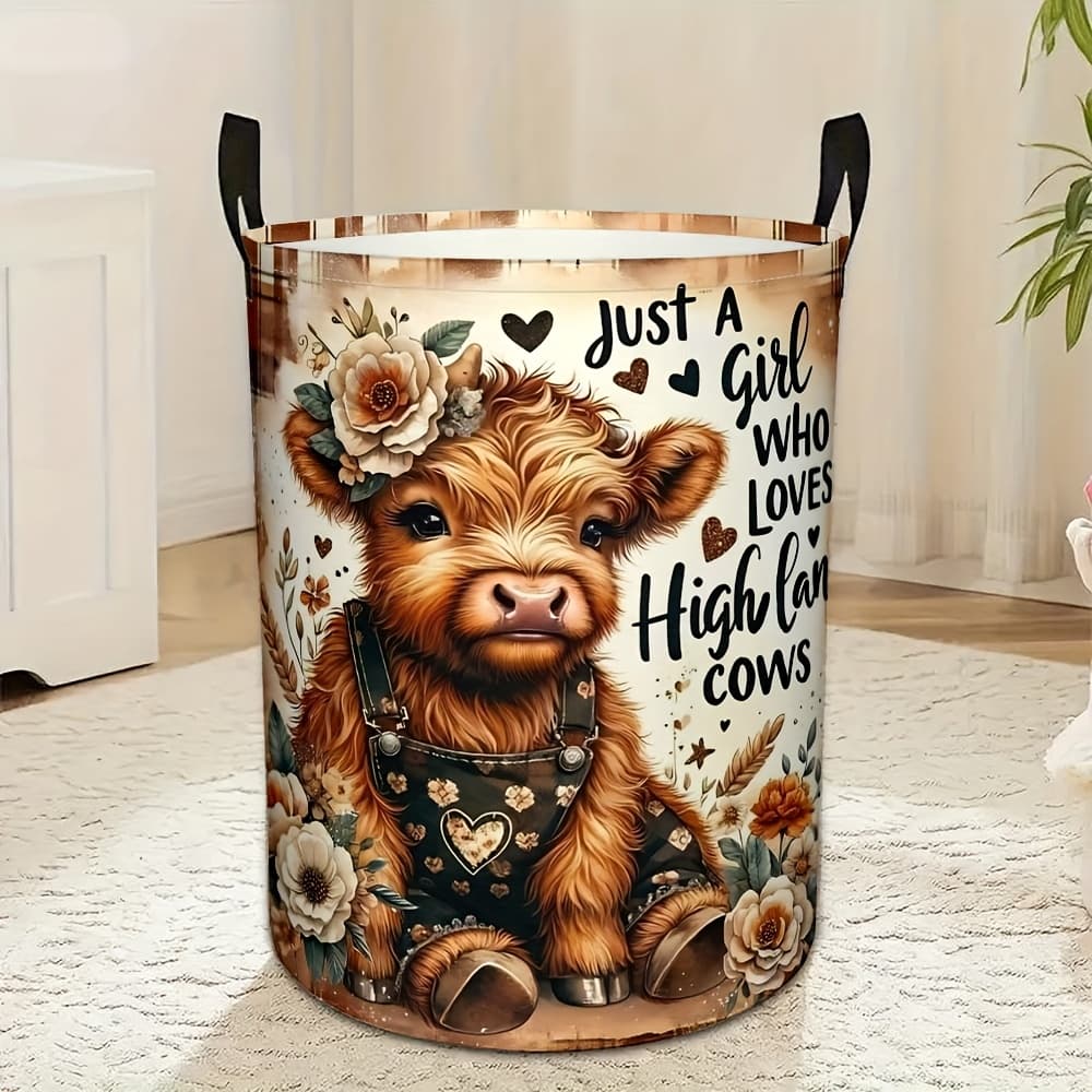 TEMU 1pc Highland Cow Laundry Basket - Rustic Sunflower Design, Collapsible Storage Organizer With Handles, Durable Polyester, Ideal For Bedroom & Home Decor, Laundry Baskets