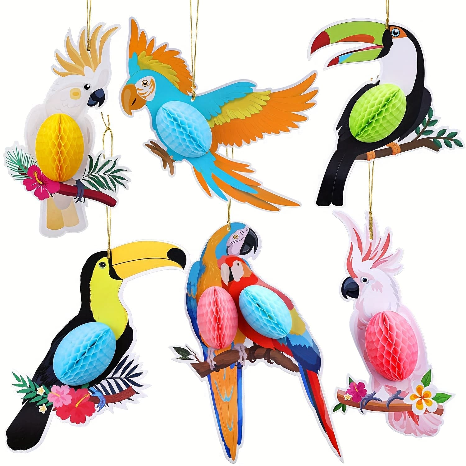 TEMU 6pcs Tropical Parrot Hanging Ornaments - Vibrant Summer Bird Decorations With Paper Material, Perfect For Weddings, Birthdays & Parties, No Electricity Needed, Parrot Decor