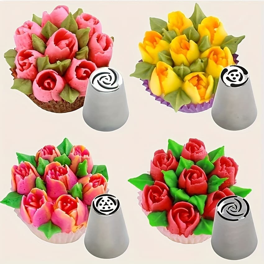 TEMU 4pcs Stainless Steel Piping Nozzle Set - Perfect For Cake Decorating, Cupcakes & Biscuits - Essential Baking Tools With Vibrant Floral Designs, Metal, Cake Decorating Supplies