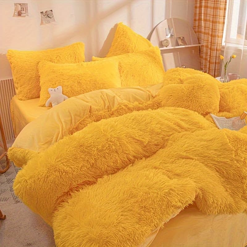 TEMU 4pcs Cozy Duvet Cover Set For Autumn And Winter, Suitable For Queen Size. And Warm Bedding Ensemble Includes 1 Duvet Cover, 2 Pillowcases, And -shaped Pillow In Yellow And Pink