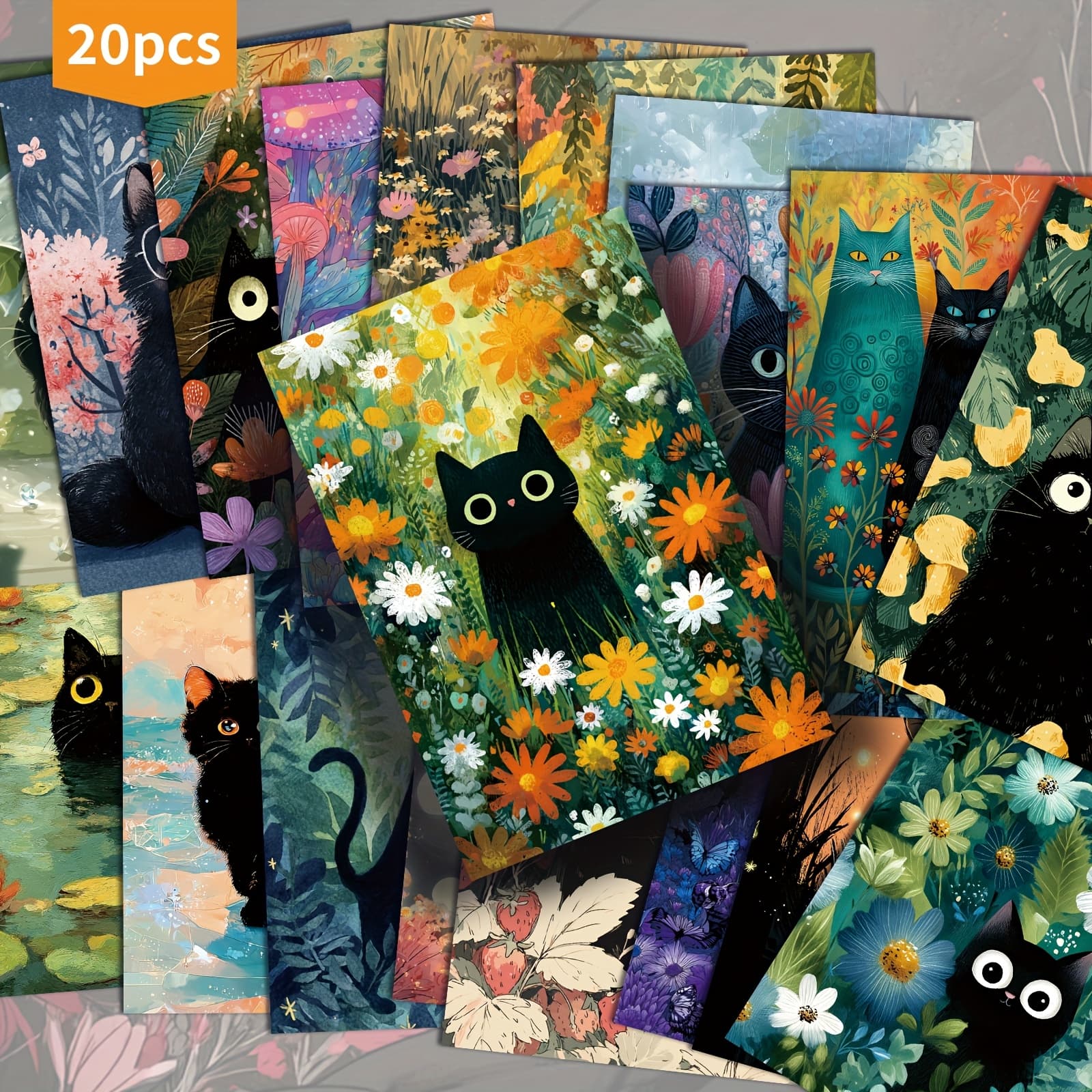 TEMU 20pcs Asstss Cute Cats & Flowers Postcards - 4x6 Inch Whimsical Illustrations, Vibrant Floral & , Durable Paper For Scrapbooking, Crafting, And Collectible Decor, Cat Lovers & , Cat Gifts