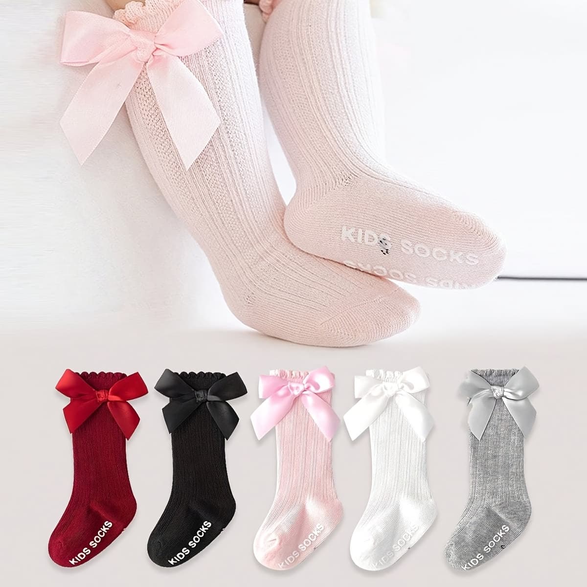 TEMU 5-pair Cute Girl's Knee-high Socks With Bows, Breathable And Soft Children's Socks, Dot-grip Anti-slip Socks, Kids' Princess Socks
