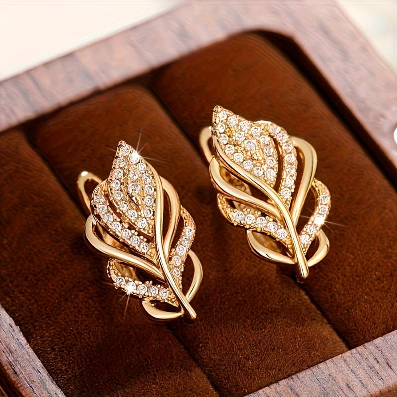 TEMU Leaf-inlaid Synthetic Zirconia Ring Earrings For - Wedding, Party, Vacation Casual High-quality Jewelry Accessories, For Teenager