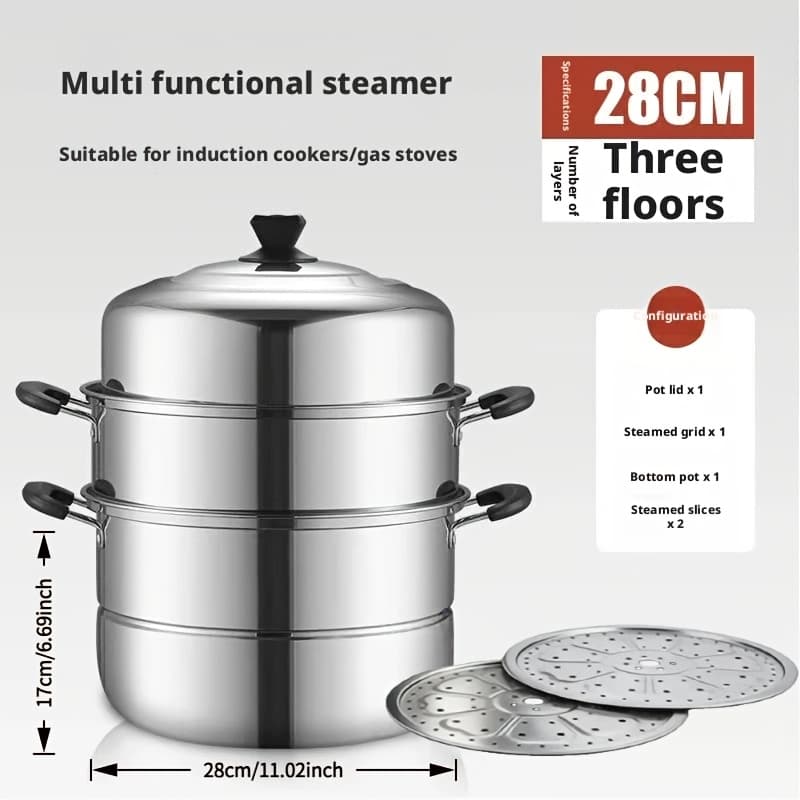 TEMU 28cm 3 Layer Stainless Steel Steamer Pot With Lid Multi Purpose Steamer For Gas Stove Induction Cooker Large Steamer Pot For Home Kitchen
