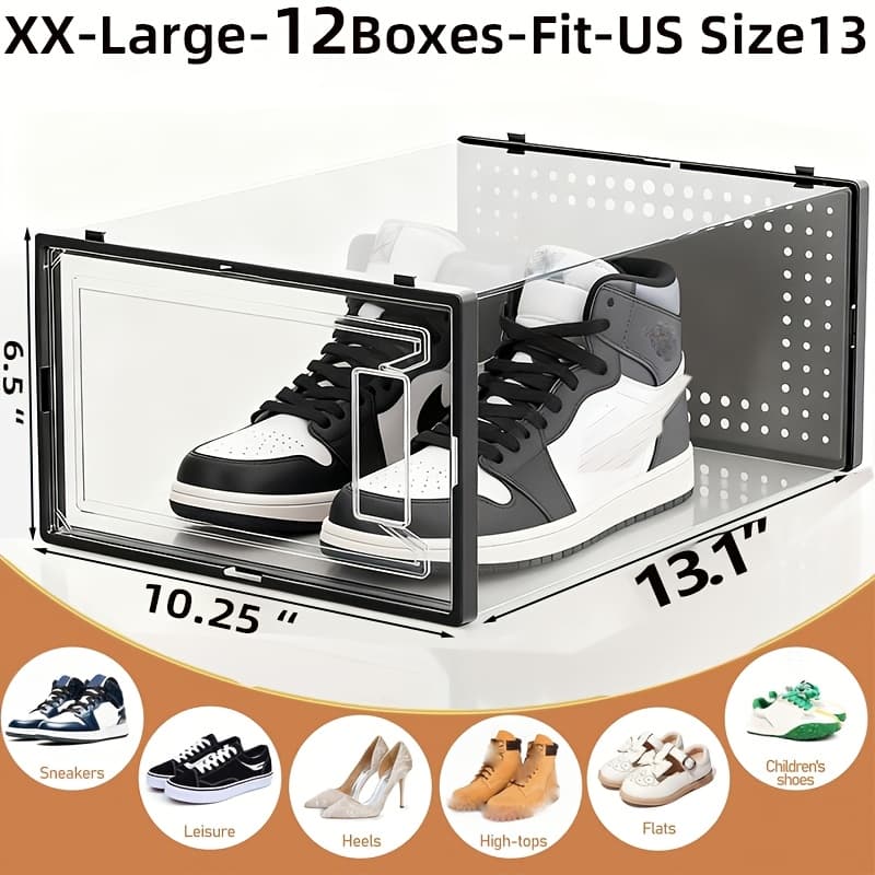 TEMU 12/6 Pack Large & Xx-large Shoe Boxes For Closet Saving Shoe Storage Clear Plastic Versatile Sneaker Shoe Rack Containers Bins Holders, Portable Closet Organizers And Storage, White