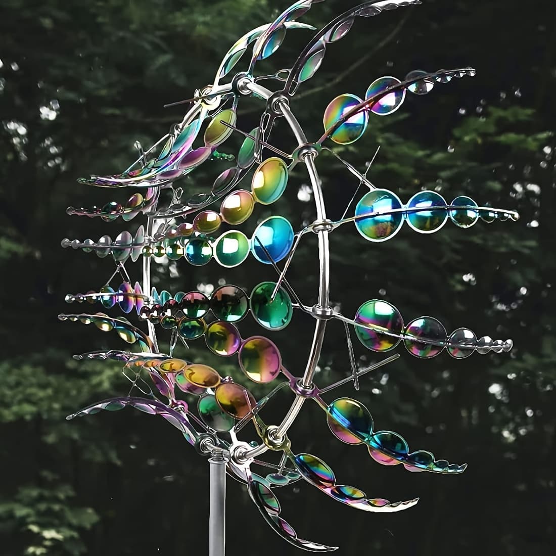 TEMU 12-inch Metallic Windmill Spinner - Unique 3d Dynamic Sculpture With Colorful Reflective Petals, Decorative Art For Outdoor Gardens And , , No Power Needed, Outdoor Windmill