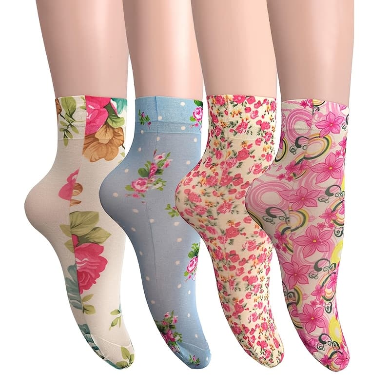TEMU 4-pair Spring/summer Women's Socks, Colorful Floral Print Ankle Socks, High-, Comfortable, Breathable, Ultra-thin Short Floral Print Pantyhose For Summer Flat Shoes