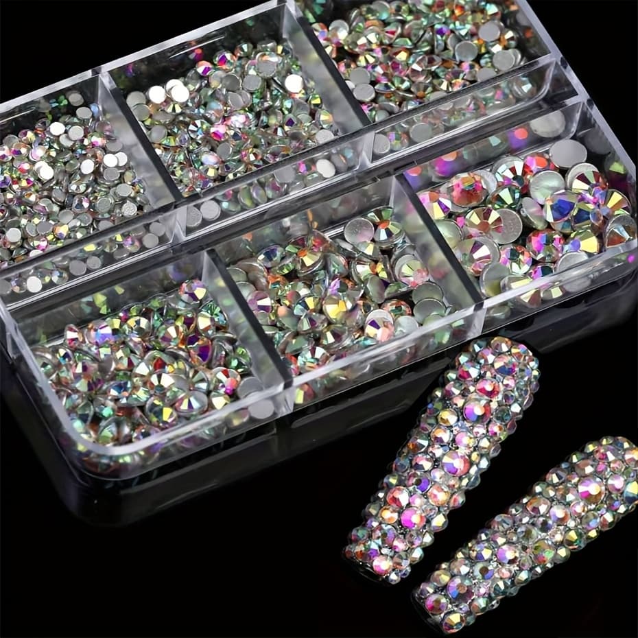 TEMU 6 Grids Kit Nail Decoration Mix Size Ab Color Nail Flatback Strass Bling Stickers Skin Non Hotfix Crystals Nails