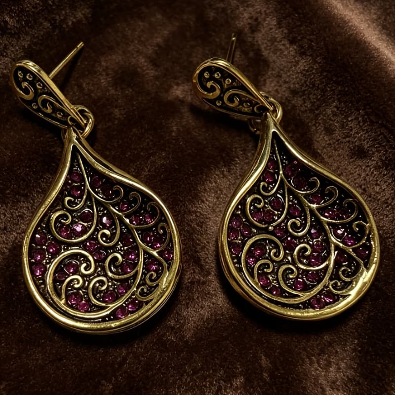 TEMU Retro Style Women's Earrings, Teardrop Design With Intricate Curls And Internal Red Synthetic Zirconia Inlay, Suitable For Banquet And Party Matching Women's Jewelry