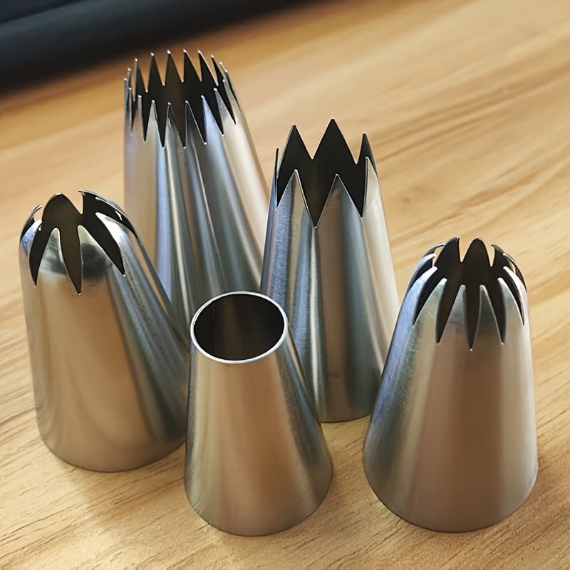TEMU 5pcs/set Large Flower Mouth Stainless Steel Set Of 5 Flowering Mouth Combination Cake Biscuit Cream Baking Decoration Tools Suitable For Cupcakes, Cakes And , Essential Baking Tool For