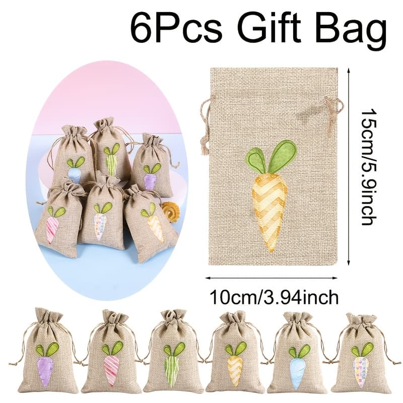 TEMU 6pcs Easter Burlap Gift Bags, Rabbit Pattern Designed Treat Bags Creative Decor, Perfect Snack Gifts Wrapping Easter Party Favor Supplies
