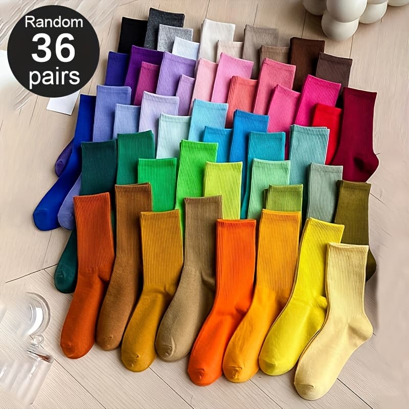 TEMU 36 Pairs Of Random Candy Colored Mid Tube Socks, Solid Color , Cute, Sweet, Easy, Versatile, Colorful, Sweat Absorbing, Breathable, Suitable For Daily Wear And Travel