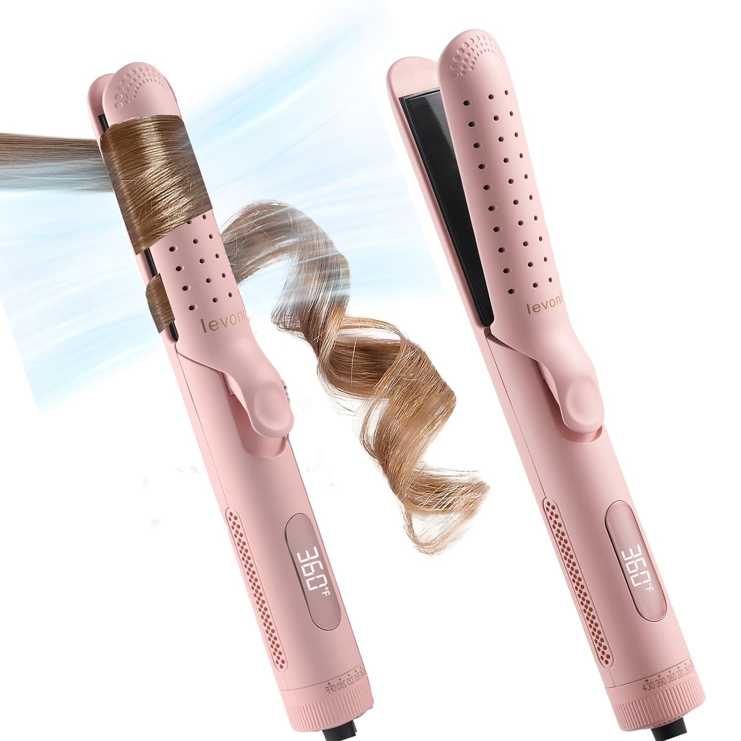 TEMU 2-in-1 Pink Heated Curling Iron, Flat Iron And Curler, Heat-free Curling Iron, 360° Adjustable, 5-level Hot/cold Air Adjustment, Fast & Dual Voltage, For Long And Short Hair