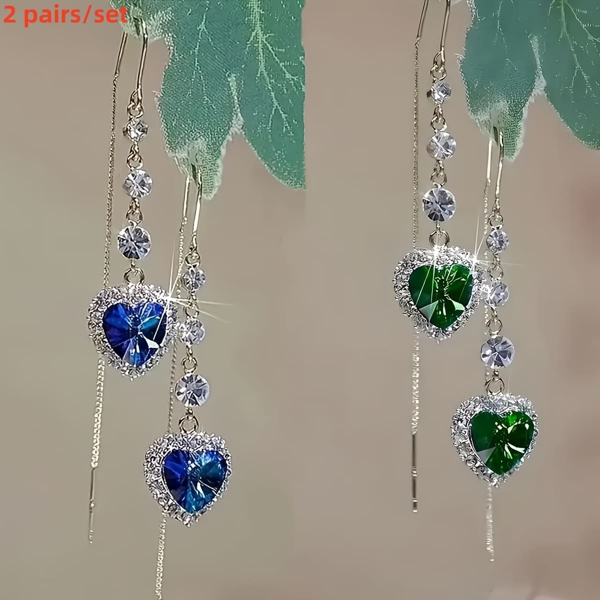 TEMU Of Exquisite And Luxurious Heart-shaped Blue/green Artificial Crystal Pendant Tassel Earrings, With Sparkling , Suitable For Women To Wear On Any Occasion, Making Them Ideal Valentine's Day Gifts
