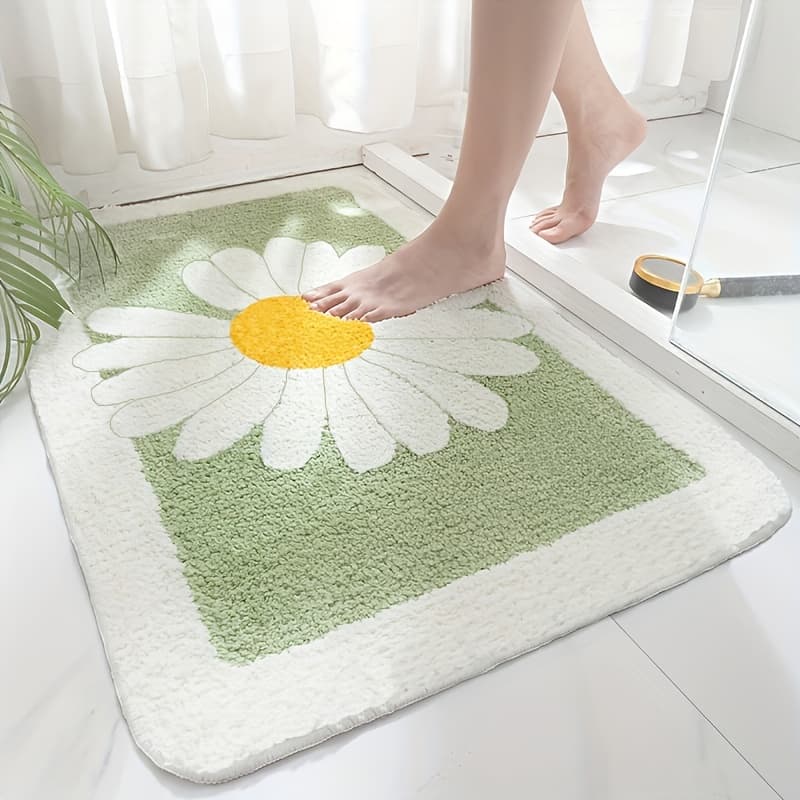 TEMU 1pc Imitation Cashmere Daisy Pattern Bathroom Anti-slip Mat, Water Absorbent Super Soft Fluffy Carpet, Suitable For Laundry Room, Doorway, Interior Decoration, Home Decor Floor Mat