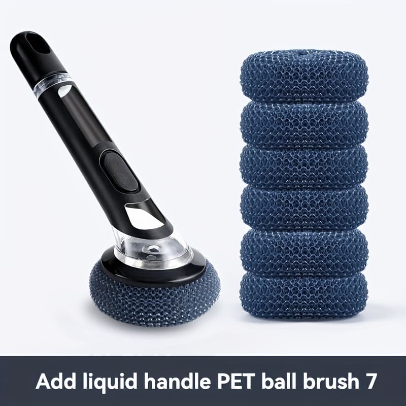 TEMU Handled Pot Scrubber With Liquid Dispenser, Multifunctional Kitchen Cleaning Brush, 7pcs Tep Balls Options, Cleaning Tool For Pots, Bathrooms, Glass, Walls, Floors