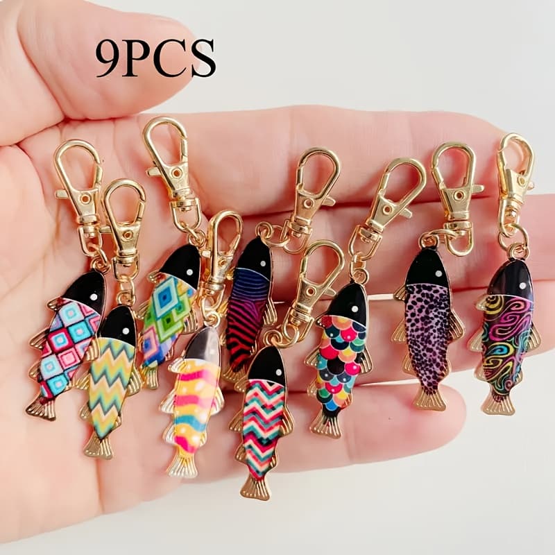 TEMU 9pcs Cartoon Fish Keychain Set - Cute Alloy Metal Animal Key Rings With Lobster Clasp, Ideal Birthday Gift For Women And S, Multi-functional Bag Charm Decor