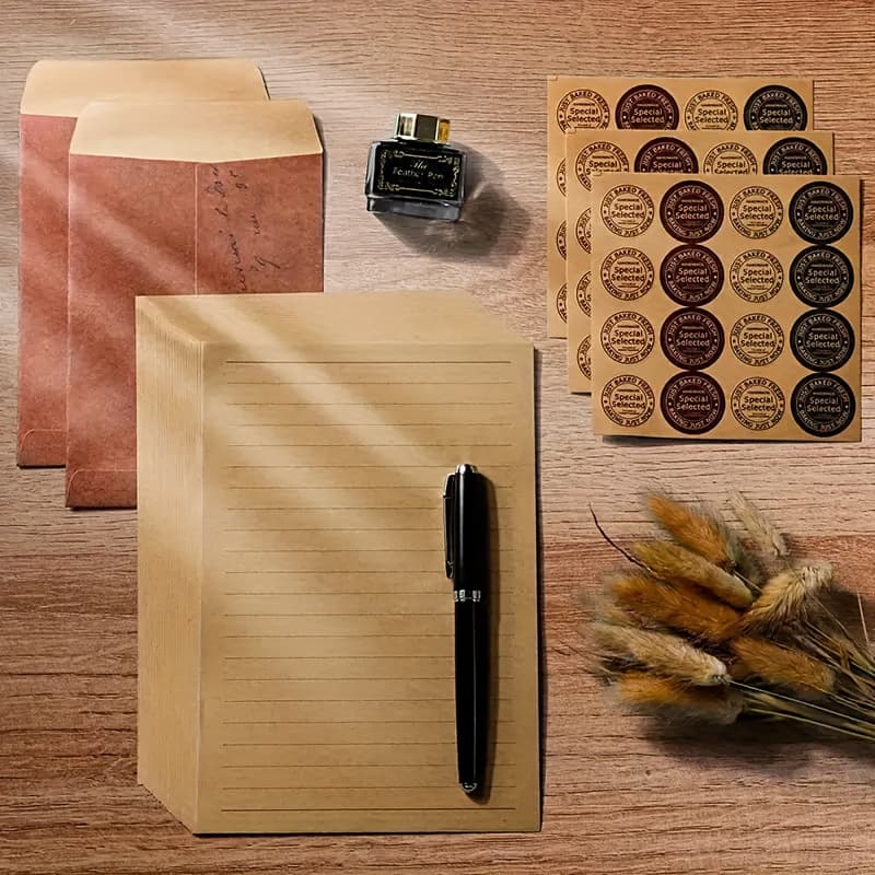 TEMU 32pcs Elegant Vintage Postal Envelope Set: 8 Sheets Of Letter Paper, 8 Card Envelopes And 16 Classic Designed Round Sealing Stickers, Suitable For Weddings, Parties, Holidays, Celebrations