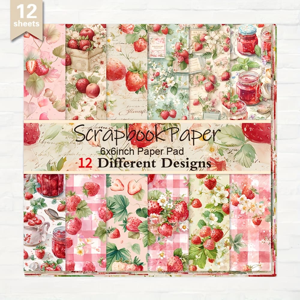 TEMU 12 Sheets Paper, 6× 6'', Strawberries And Diary Scrapbooking Supplies, Background For Albums, Diy Crafts, Card Making, And Journaling, Decorative Straight Paper Material