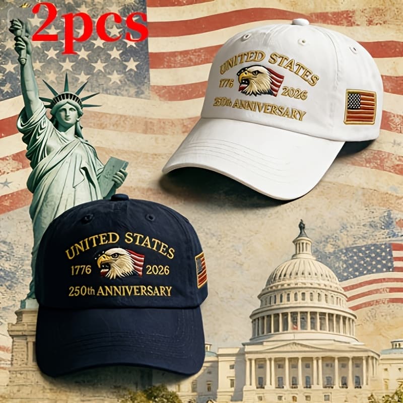 TEMU 250th Anniversary Baseball , 2-pack, And Flag Embroidery, Vintage Wash, Versatile And Stylish, Showcasing Charm