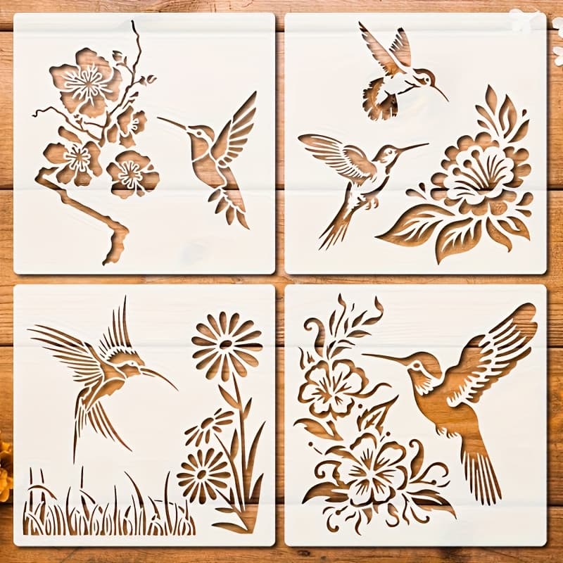 TEMU Set Of 4 Hummingbird Stencils, 11.8-inch Reusable Bird, Floral, And Branch Painting Templates For Use On Wooden Signs, Murals, Canvas, Furniture, And Porch Decorations.