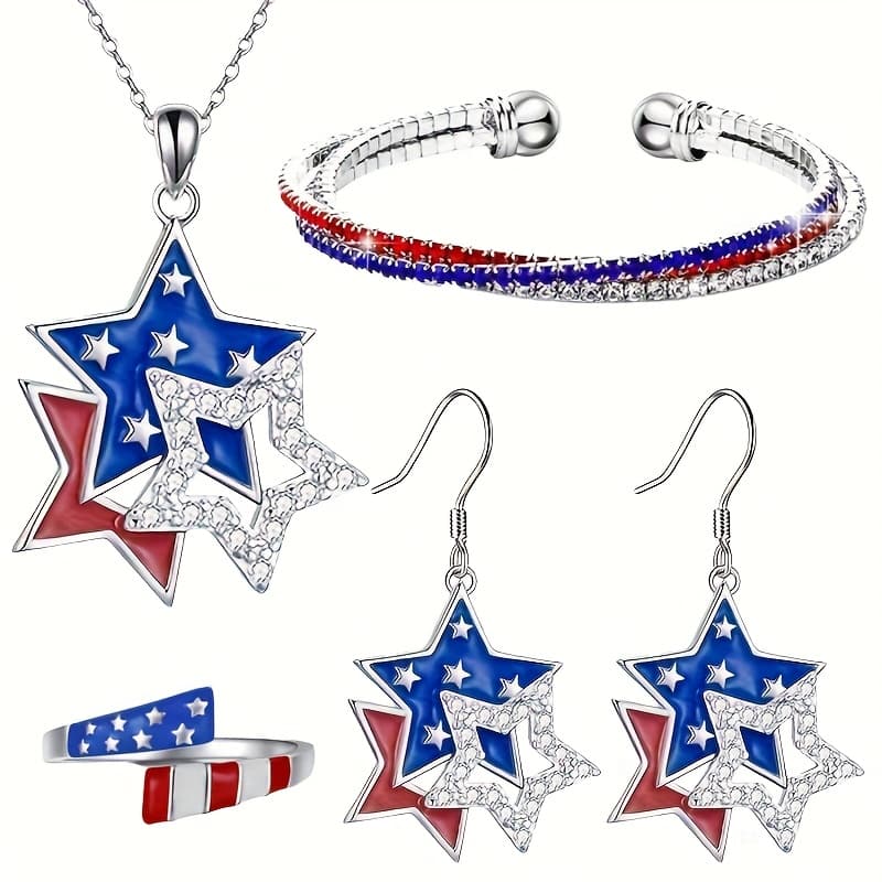 TEMU 3pcs Of Patriotic Star Pendant Necklace And Earring Set, Designed With Flag, Sparkling Rhinestones, Metal, Universal, Day Fashion Jewelry, Commemorative Gift For