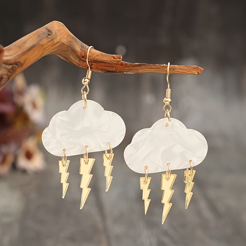 TEMU 2d Flat - A Pair Of Retro-style Acrylic Earrings Featuring 2d Flat Clouds And Lightning Weather Design