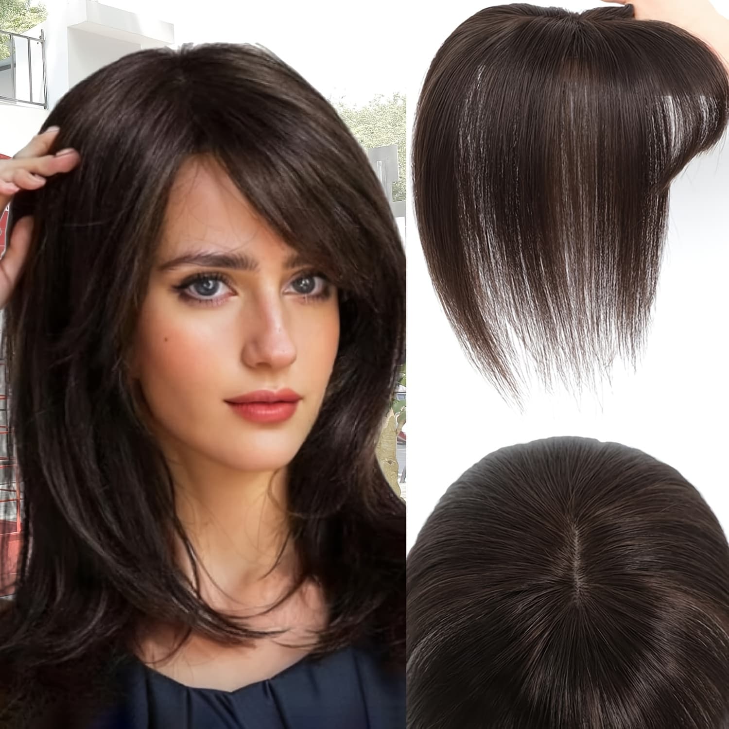 TEMU Hair Toppers For Women Clip In Bangs Real Human Hair Pieces French Bangs Topper For Solve Loosing And Thinning Add Volume Silvery Gray 10 Inches Toppers For Women